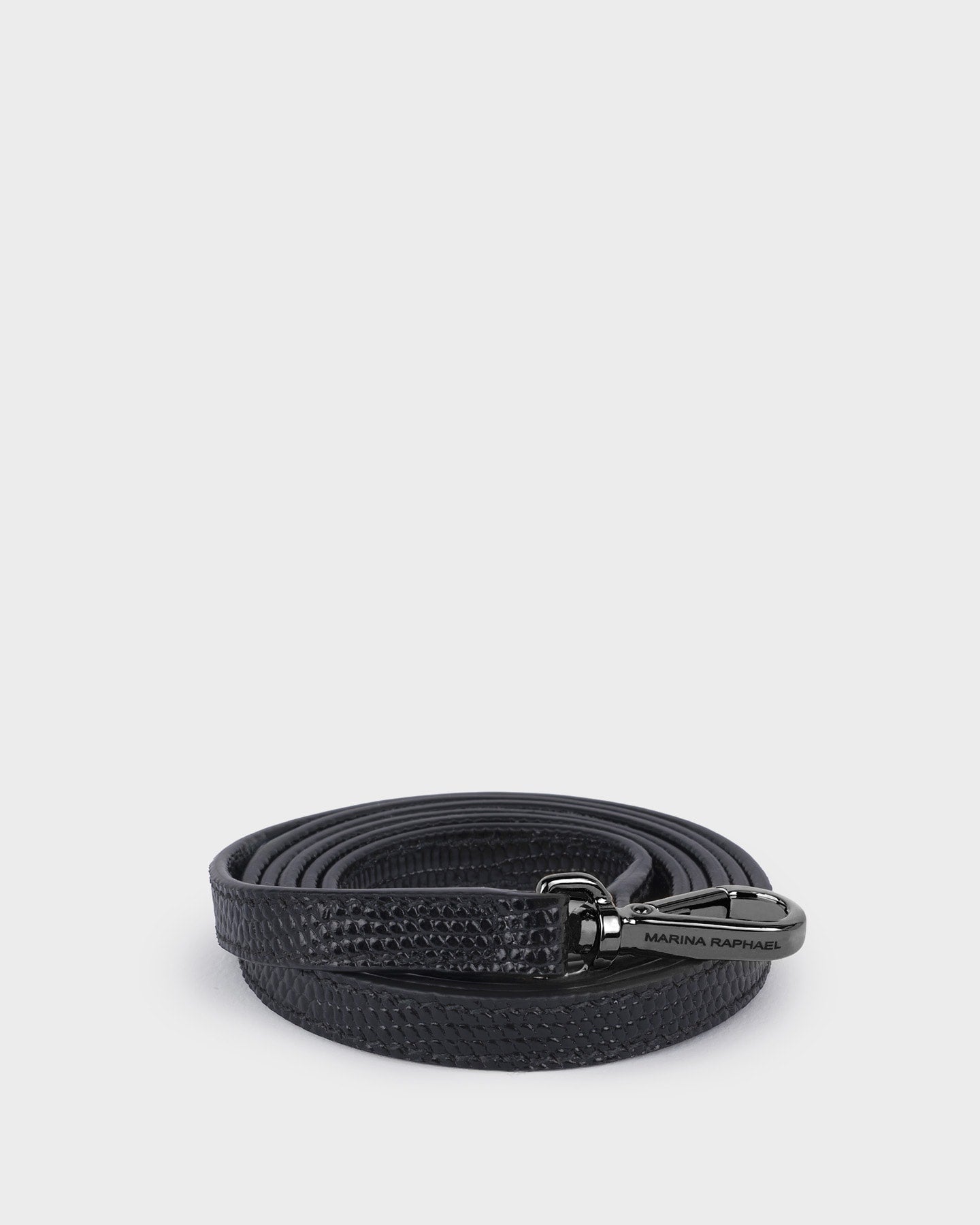 Thin, adjustable, black lizard-effect, napa leather strap with gunmetal hardware