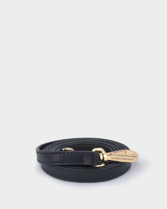 Thin, adjustable, black, napa leather strap with gold hardware