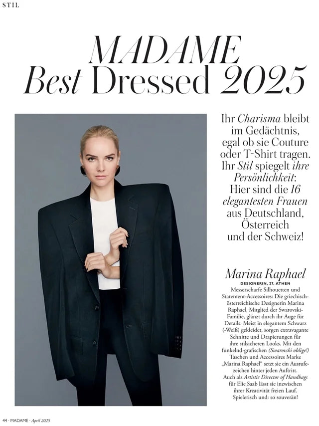 Page from the April 2025 issue of Madame Germany magazine featuring: an interview with the designer Marina Raphael, Marina's personal style