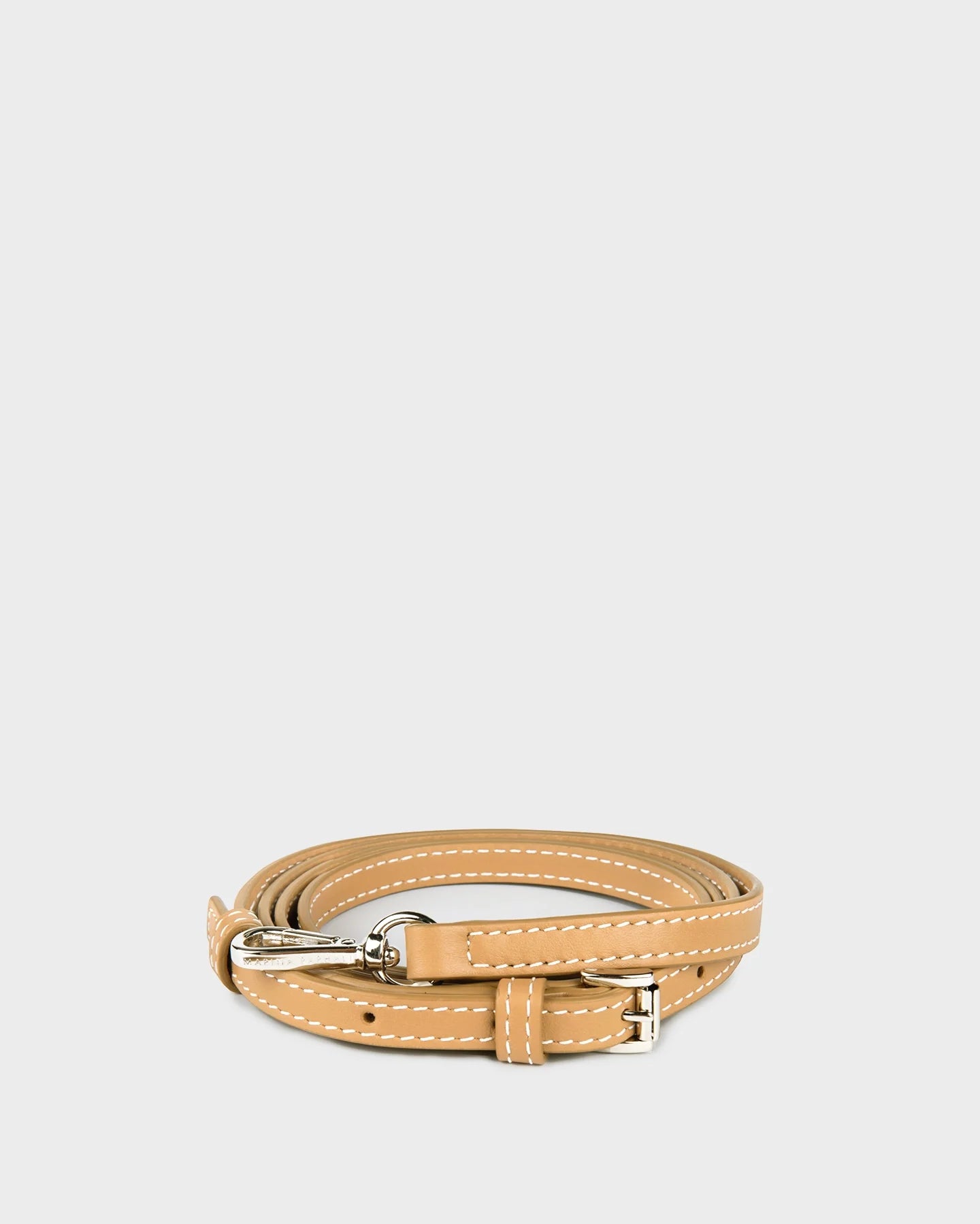 Thin, adjustable, beige, napa leather strap with silver hardware and exposed stitching