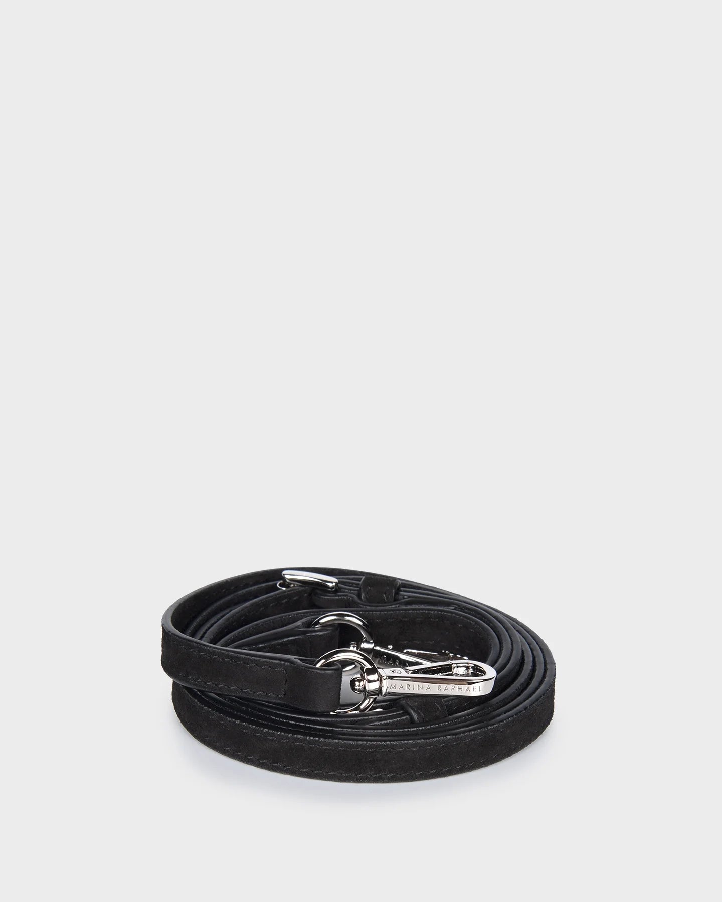Thin, adjustable, black, suede leather strap with silver hardware