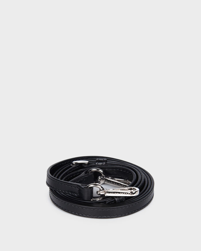 Thin, adjustable, black, saffiano leather strap with silver hardware