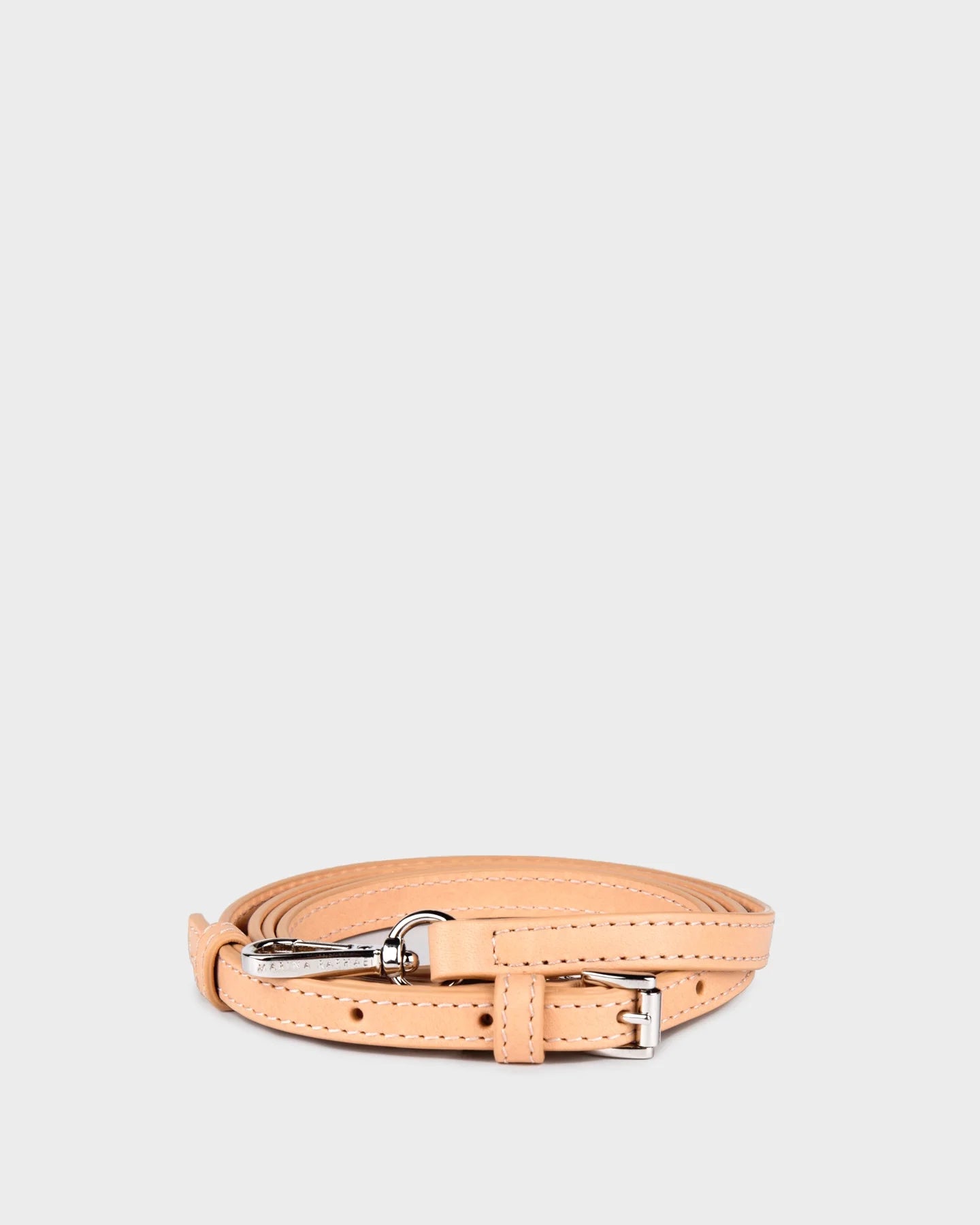 Thin, adjustable, light beige, napa leather strap with gold hardware and exposed stitching