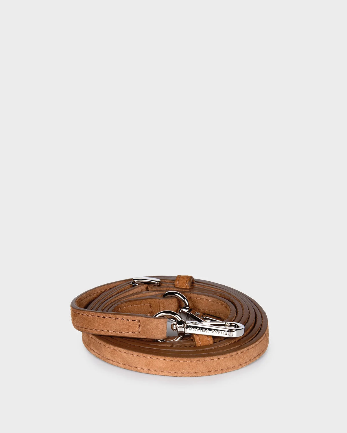 Thin, adjustable, caramel, suede leather strap with silver hardware