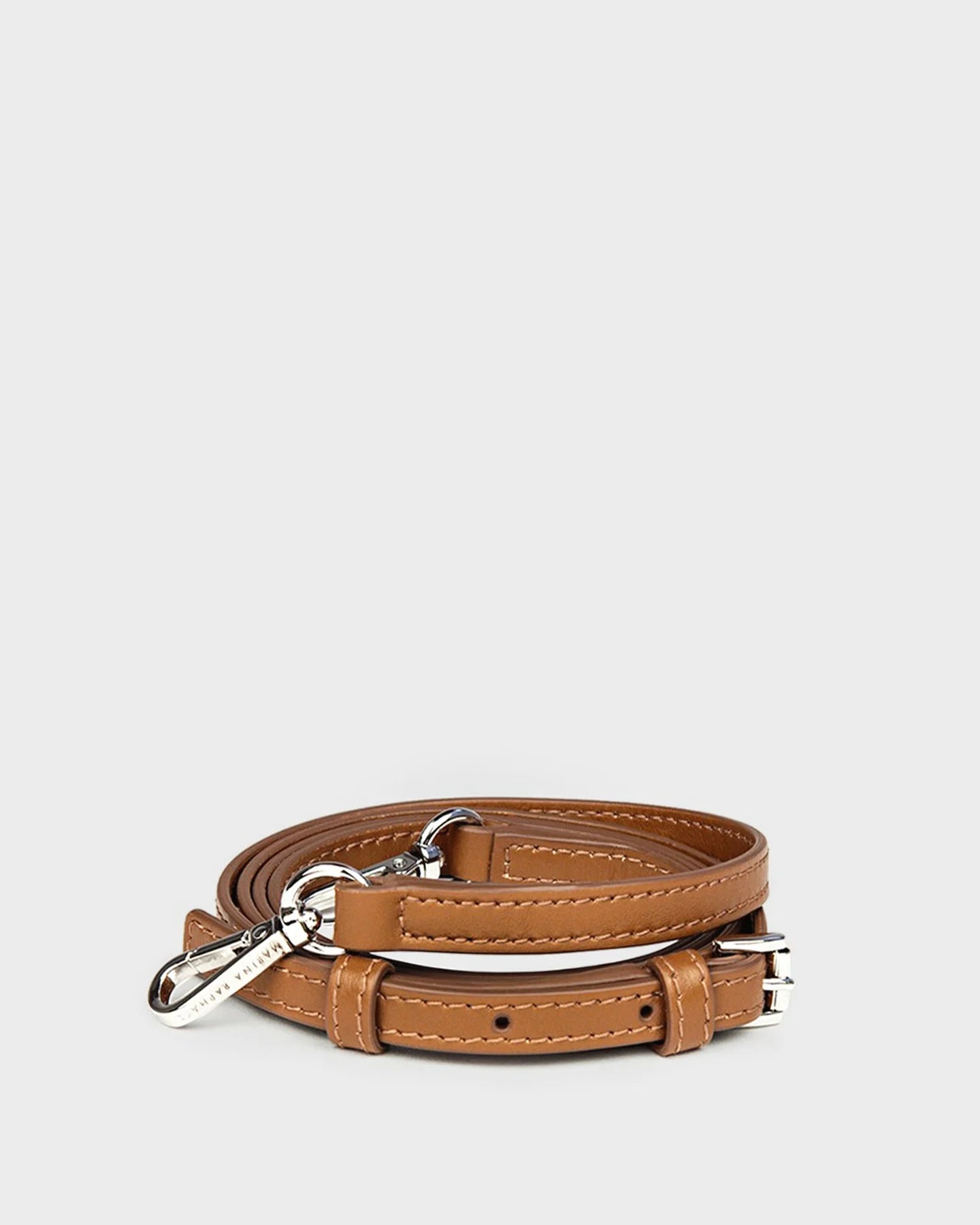 Thin, adjustable, caramel, napa leather strap with silver hardware