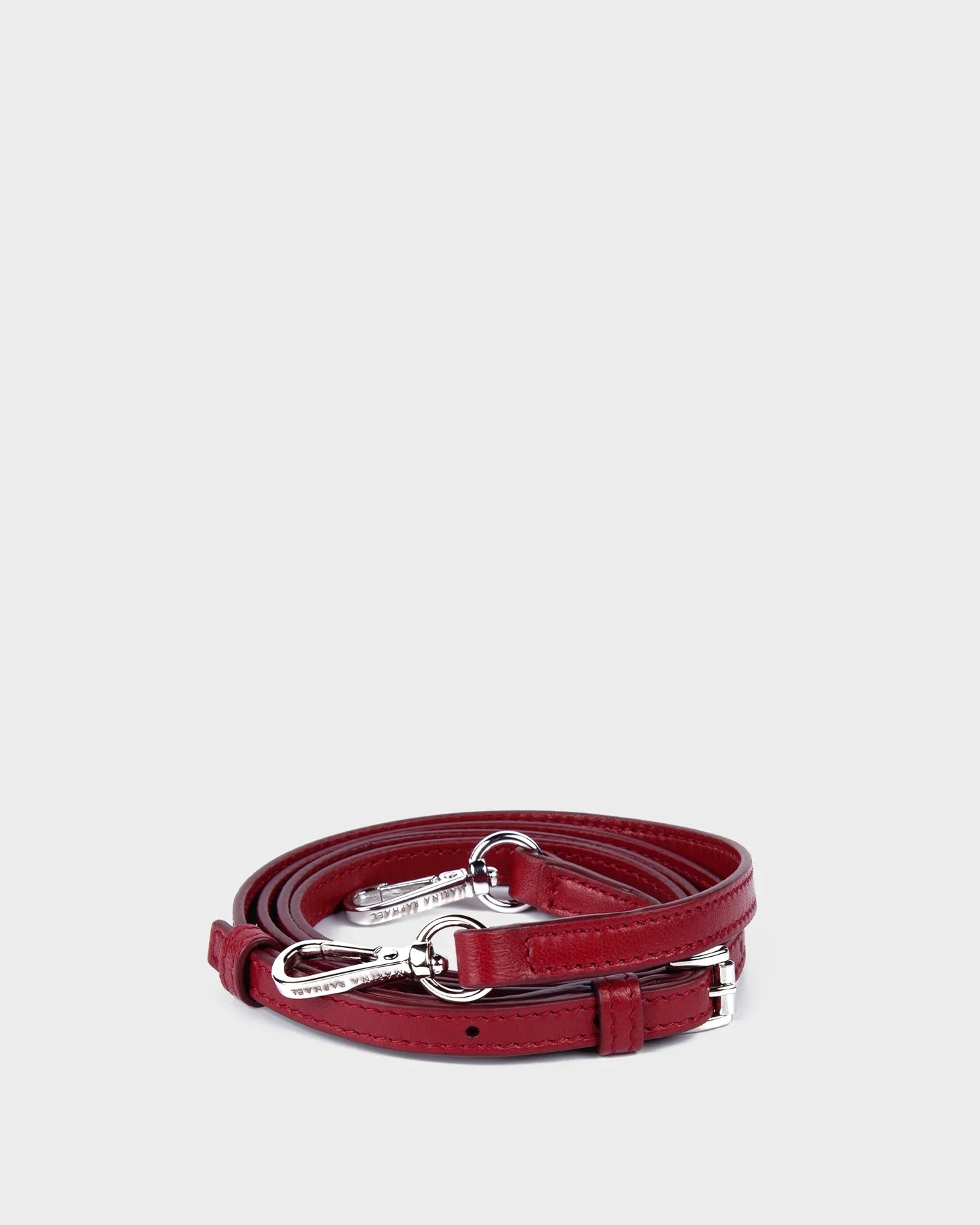 Thin, adjustable, burgundy, napa leather strap with silver hardware