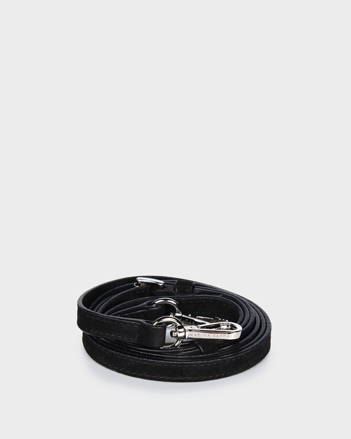 Thin, adjustable, black, suede napa leather strap with silver hardware