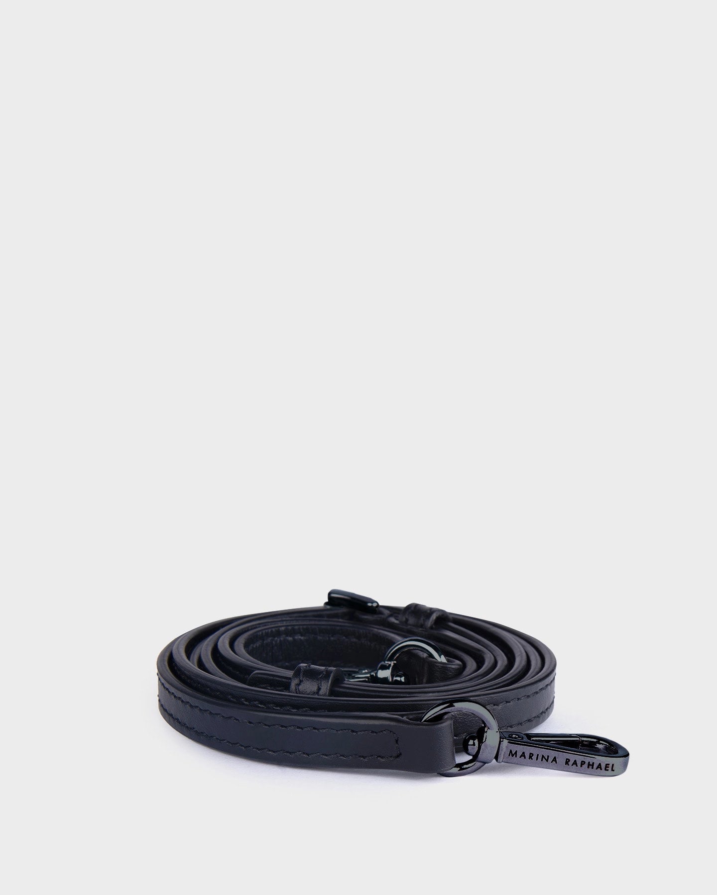 Thin, adjustable, black, napa leather strap with gunmetal hardware