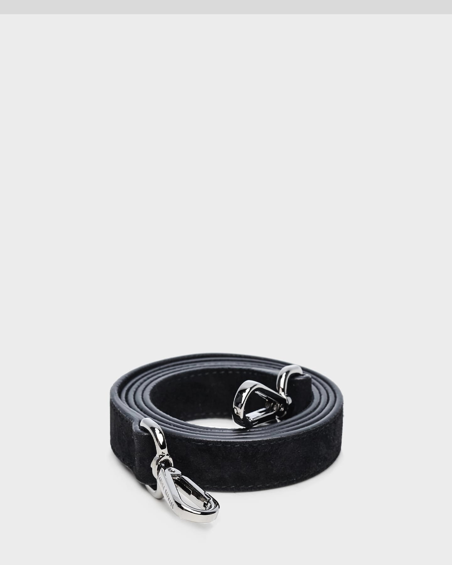 Thick, black, suede leather strap with silver hardware