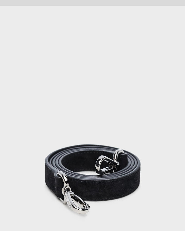 Thick, black, suede leather strap with silver hardware