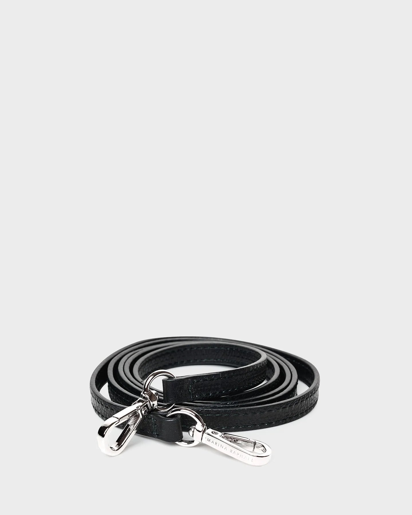 Thin, black, napa leather strap with silver hardware