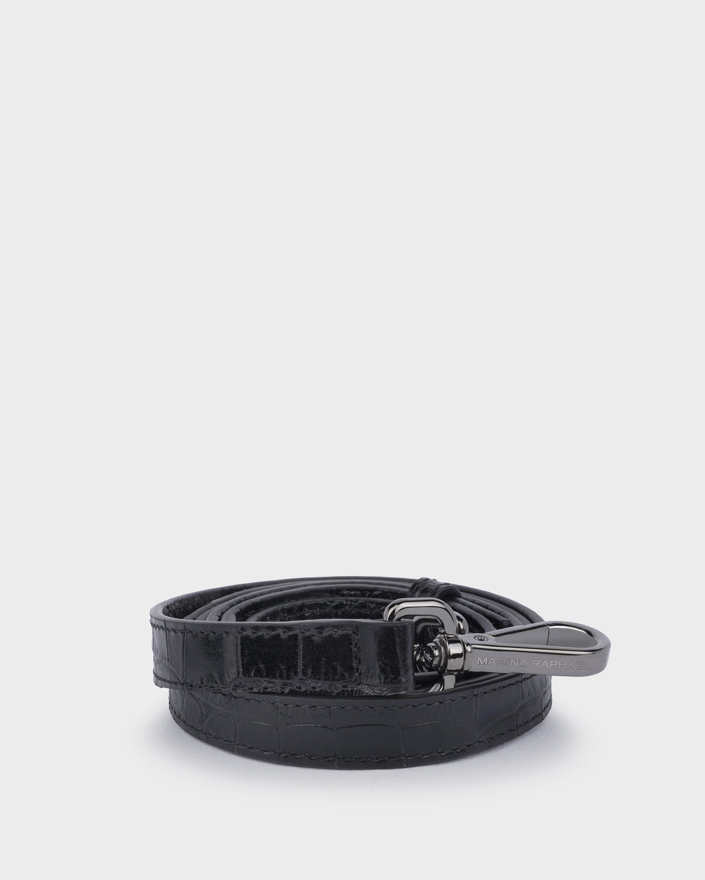 Thick, adjustable, black croc-effect strap with gunmetal hardware