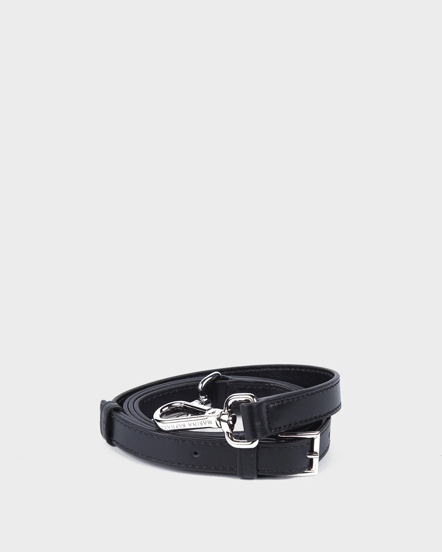 Thick, adjustable, black, napa leather strap with silver hardware