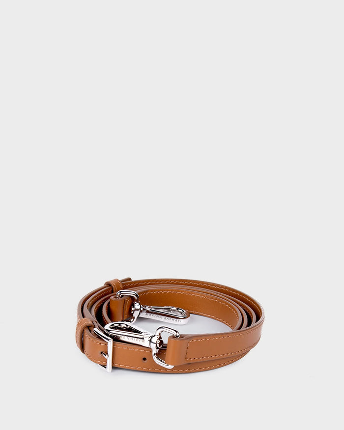Thick, adjustable, caramel, napa leather strap with silver hardware