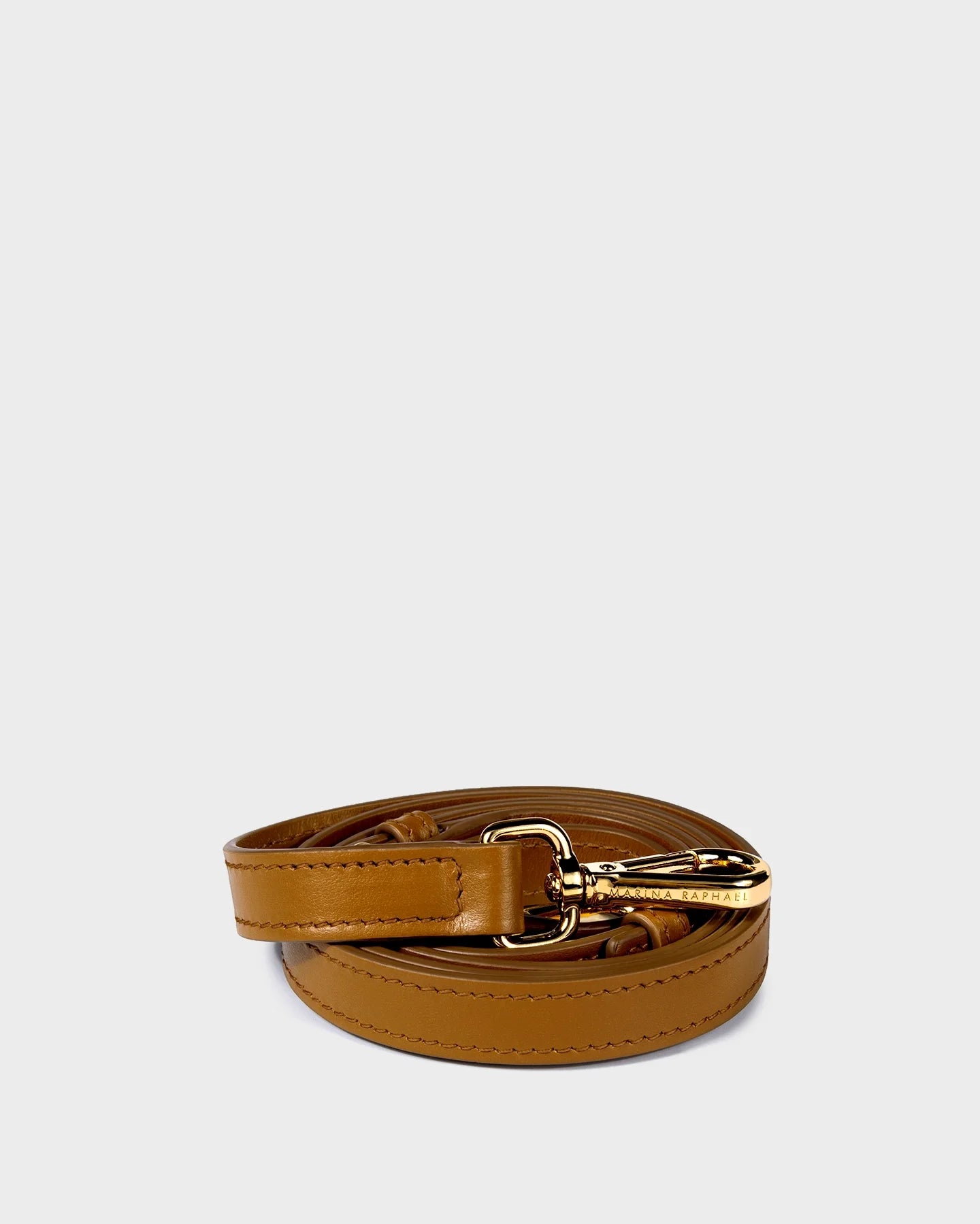 Thick, adjustable, caramel, napa leather strap with gold hardware