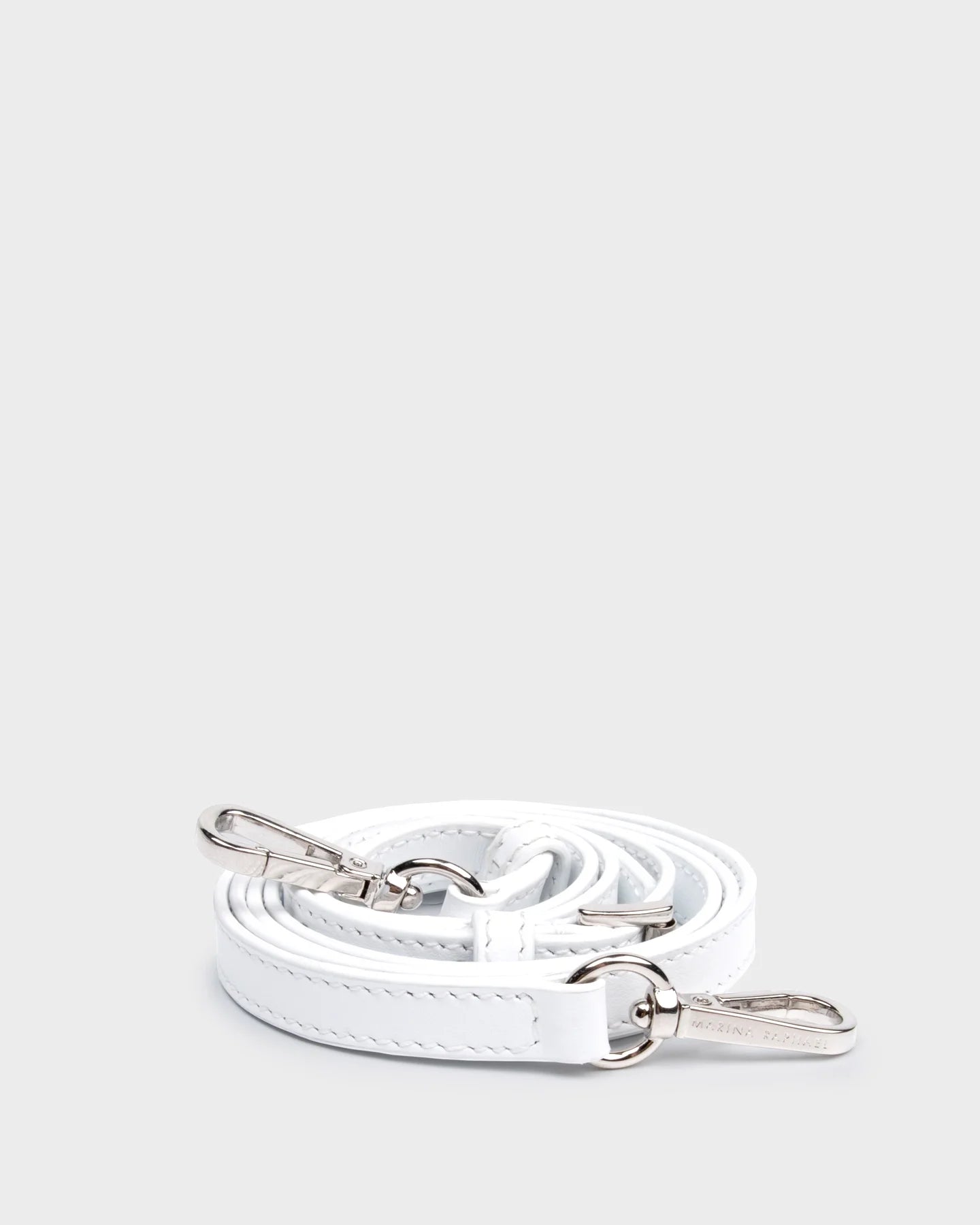 Thick, adjustable, white, napa leather strap with silver hardware
