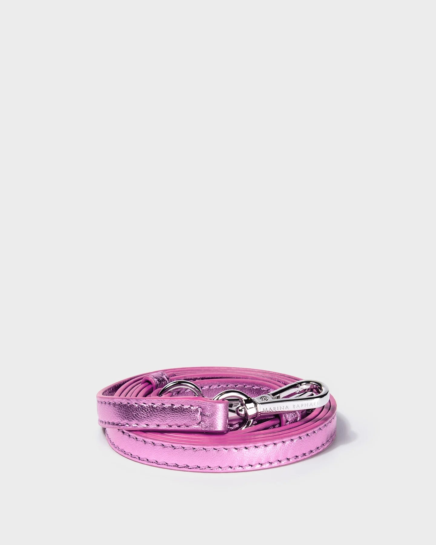 Thin, adjustable, pink, metallic napa leather strap with silver hardware