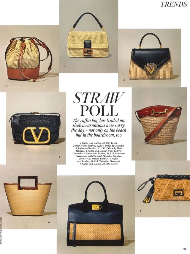 Page from the March 2020 issue of Vogue UK magazine featuring: the Marina Raphael Riviera in Raffia and Tortoiseshell