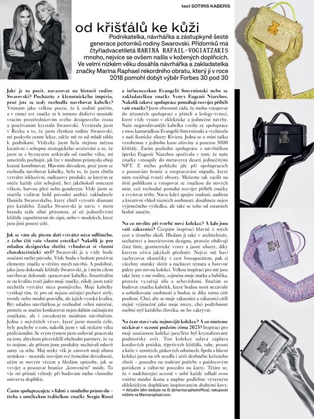 Page from the August 2023 issue of Vogue Czechoslovakia magazine featuring: an interview with the designer Marina Raphael, the importance of collaborations