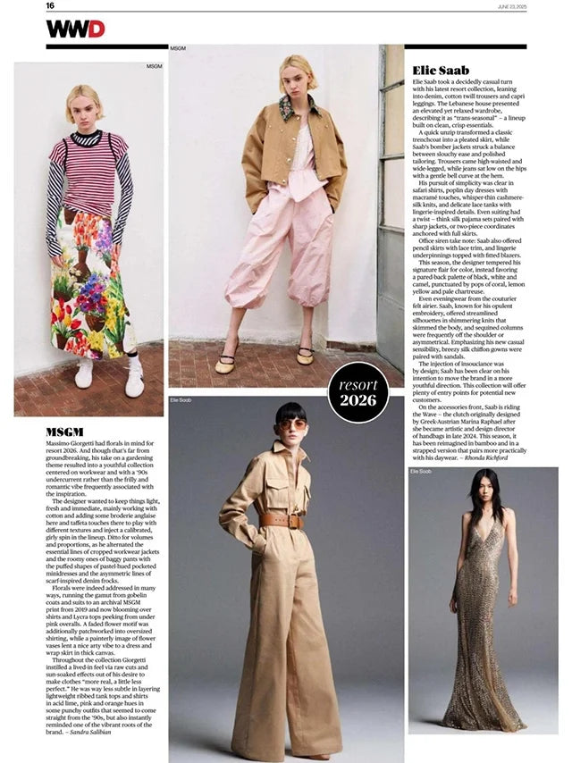 Page from the June 2025 issue of Women's Wear Daily magazine featuring: an interview with the designer Marina Raphael, Marina Raphael for Elie Saab